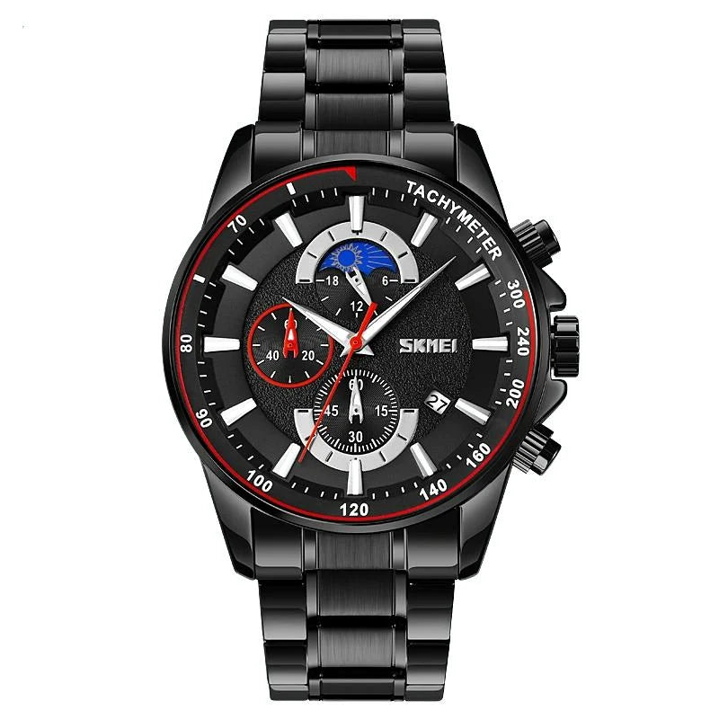 Stainless Steel Men Moonphase Watch with Date - Black