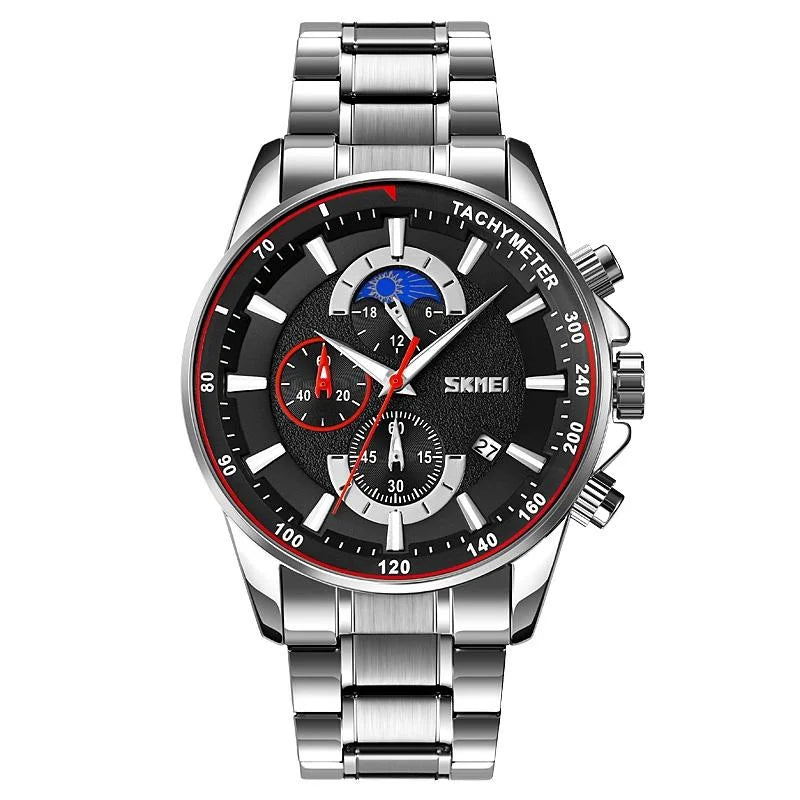 Stainless Steel Men Moonphase Watch with Date - Gold Blue