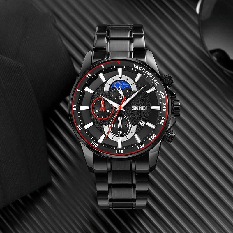 Stainless Steel Men Moonphase Watch with Date - Gold Blue