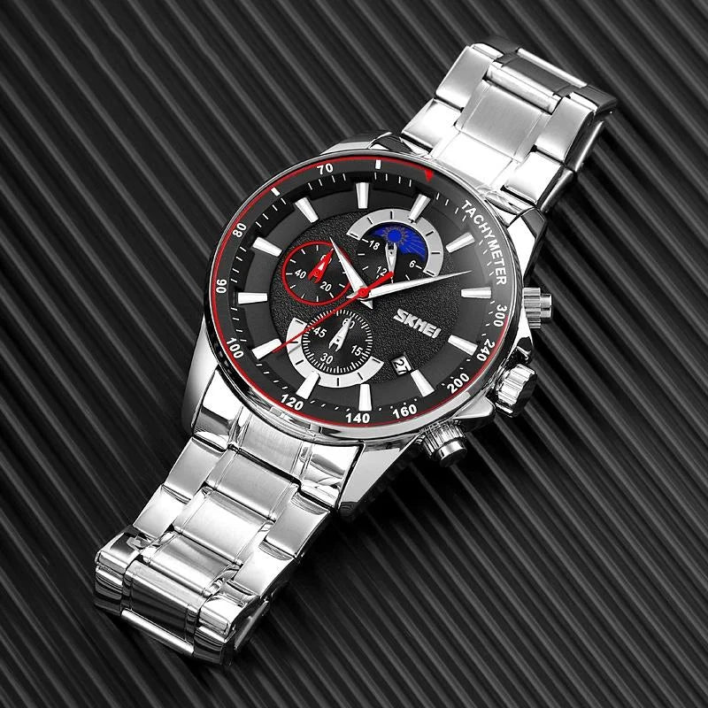 Stainless Steel Men Moonphase Watch with Date - Silver