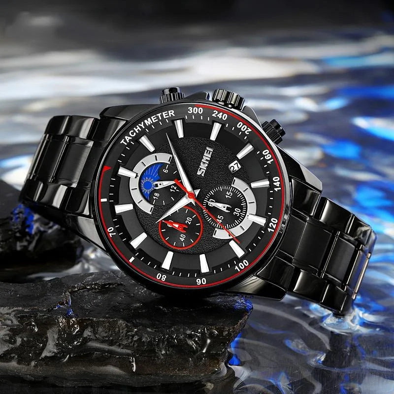Stainless Steel Men Moonphase Watch with Date - Silver