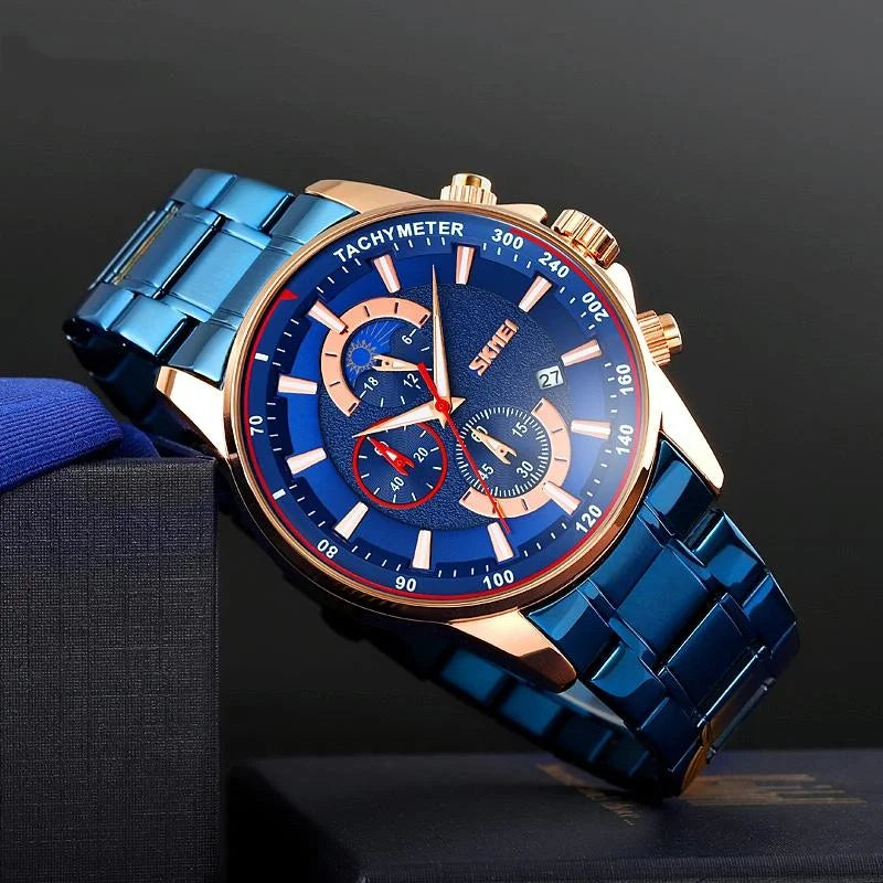Stainless Steel Men Moonphase Watch with Date - Silver Blue