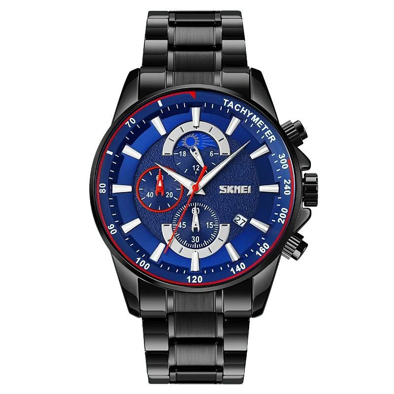 Stainless Steel Men Moonphase Watch with Date - Silver Blue