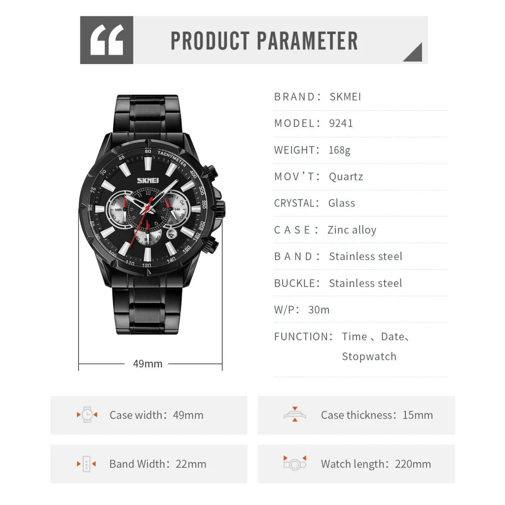 Stainless Steel Men Quartz Watch with Calendar - 9241