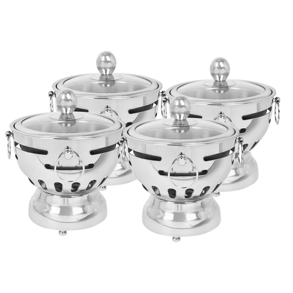 Stainless Steel Mini Asian Buffet Hot Pot Set of 4 with Glass Lid for Single Person