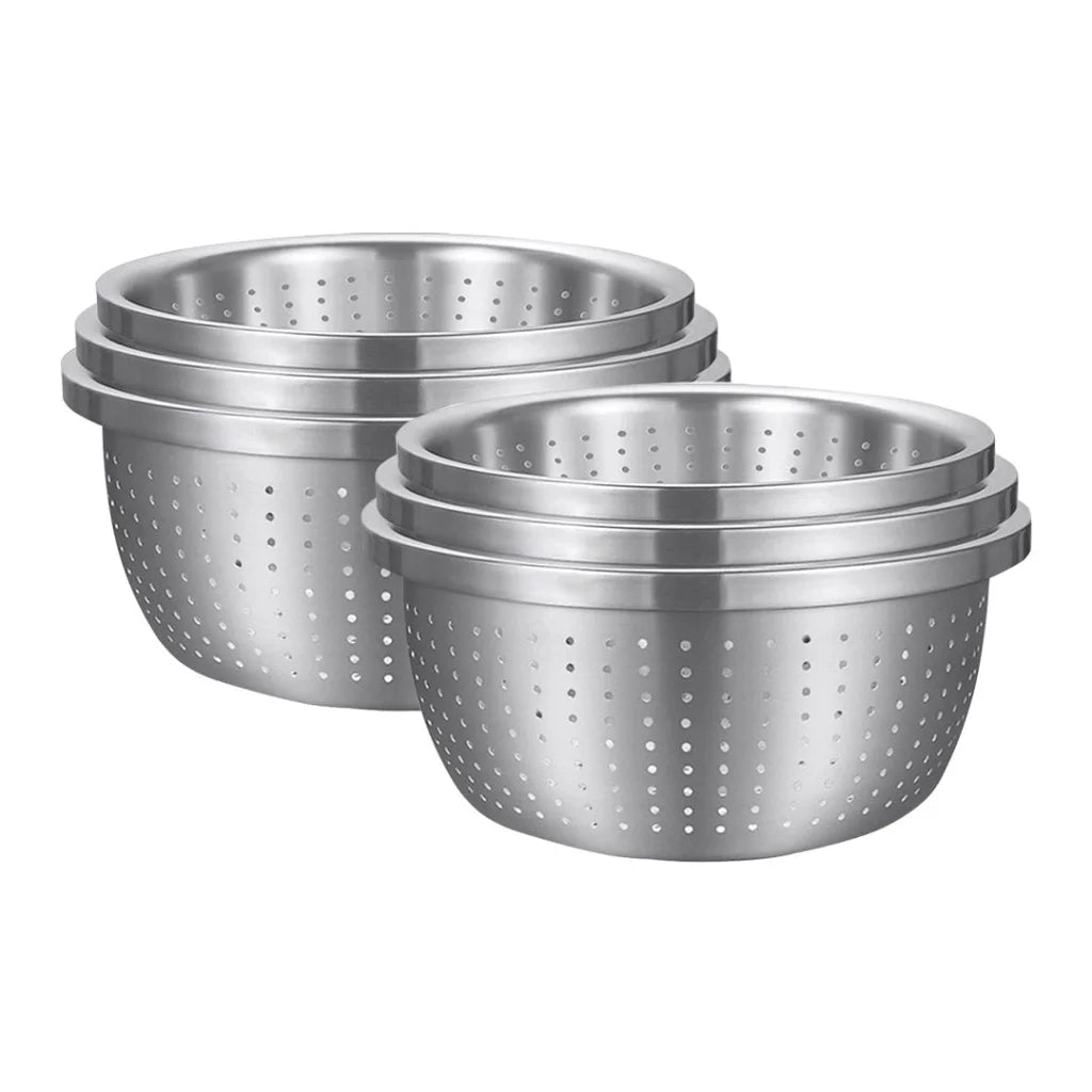 Stainless Steel Nesting Basin Colander Set of 3 Perforated Kitchen Sink Washing Bowl Metal Basket Strainer - 2X