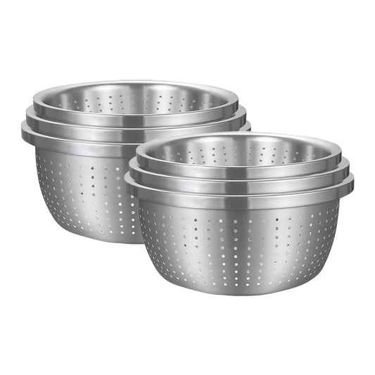 Stainless Steel Nesting Basin Colander Set of 3 Perforated Kitchen Sink Washing Bowl Metal Basket Strainer - 2X
