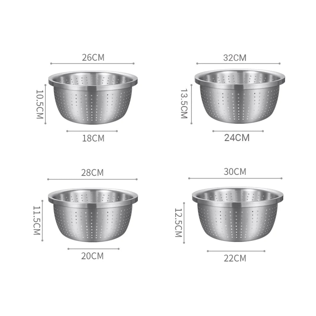 Stainless Steel Nesting Basin Colander Set of 4 Perforated Kitchen Sink Washing Bowl Metal Basket Strainer - 2X
