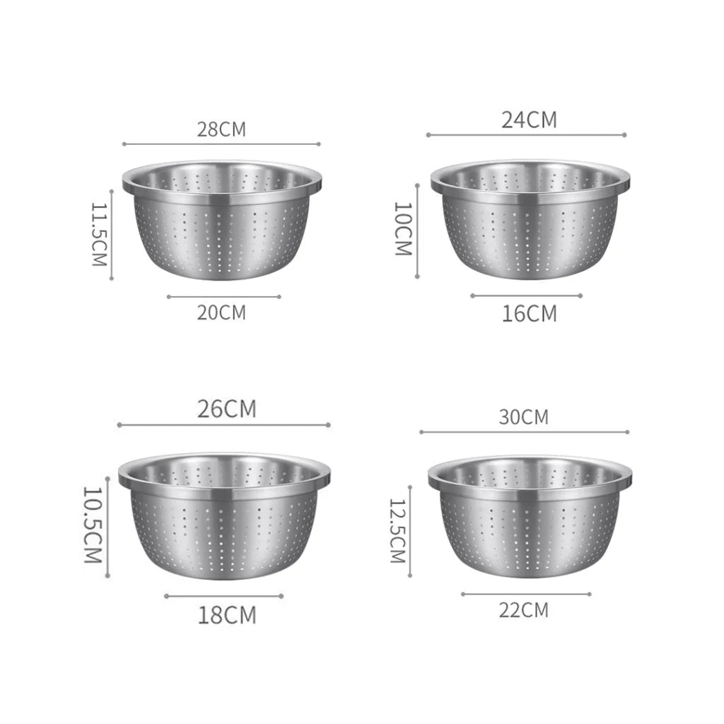 Stainless Steel Nesting Basin Colander Set of 4 Perforated Kitchen Sink Washing Bowl Metal Basket Strainer - 2X