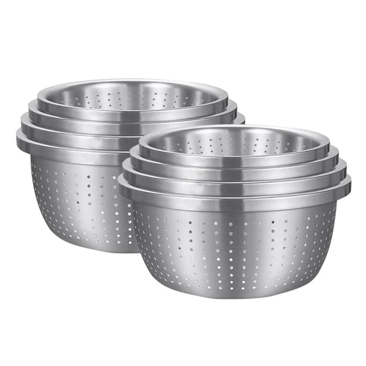 Stainless Steel Nesting Basin Colander Set of 4 Perforated Kitchen Sink Washing Bowl Metal Basket Strainer - 2X