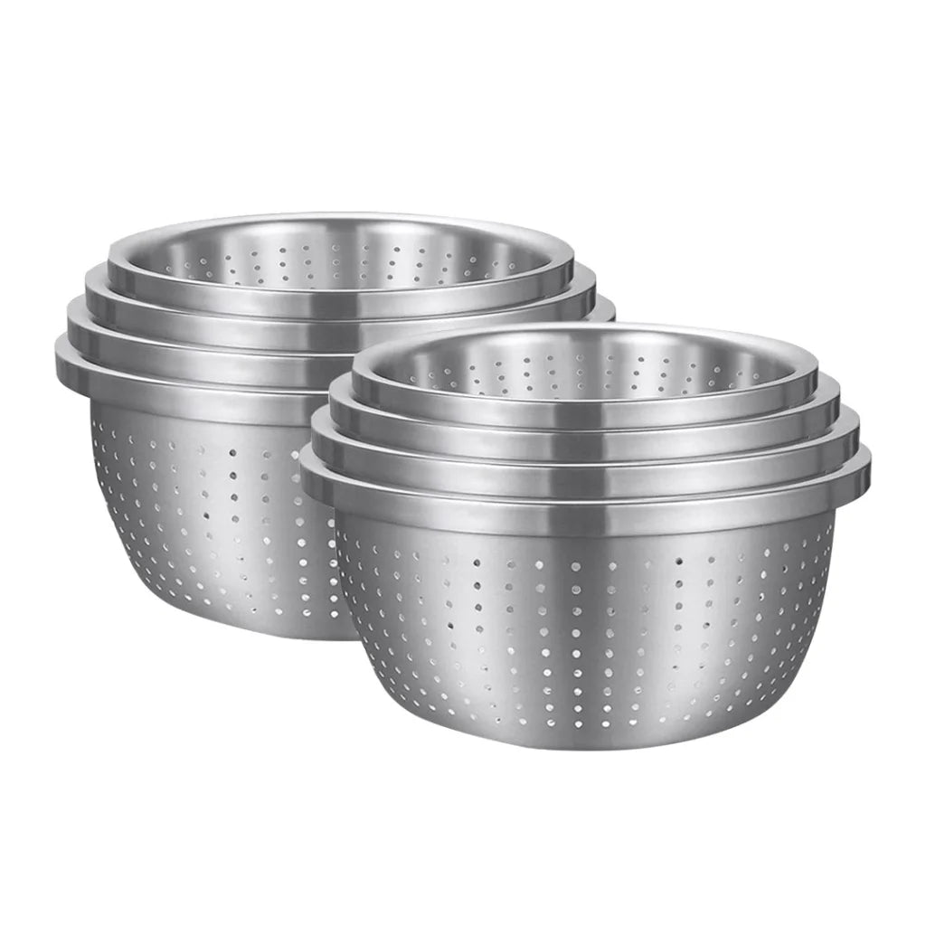 Stainless Steel Nesting Basin Colander Set of 4 Perforated Kitchen Sink Washing Bowl Metal Basket Strainer - 2X
