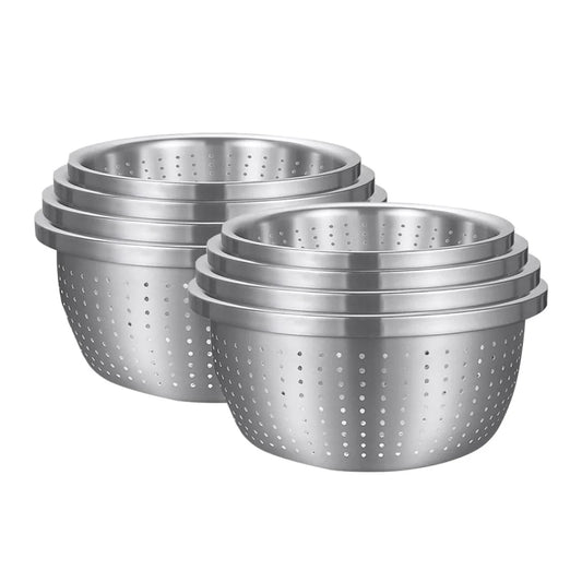 Stainless Steel Nesting Basin Colander Set of 4 Perforated Kitchen Sink Washing Bowl Metal Basket Strainer - 2X