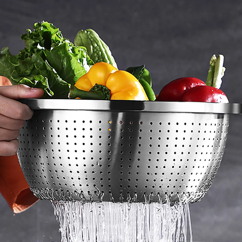 Stainless Steel Nesting Basin Colander Set of 4 Perforated Kitchen Sink Washing Bowl Metal Basket Strainer - 2X