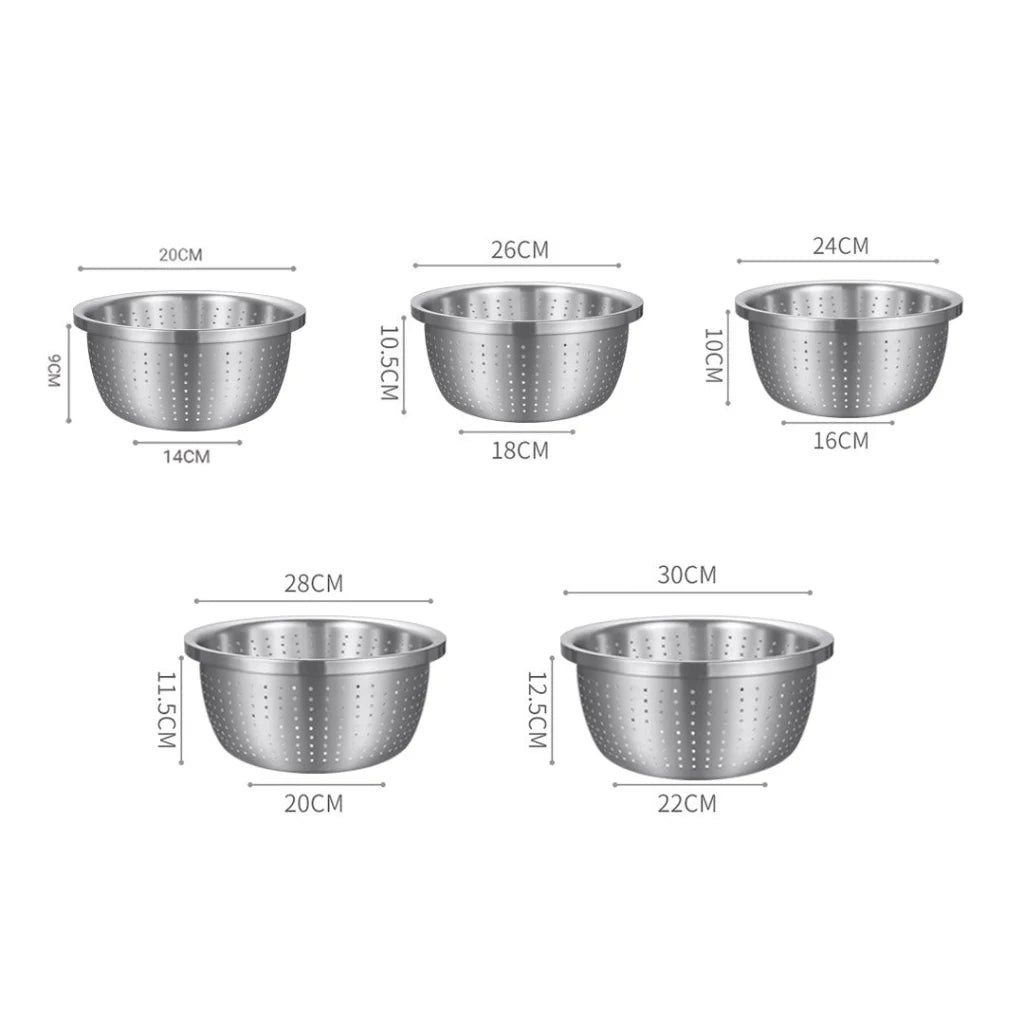 Stainless Steel Nesting Basin Colander Set of 5 Perforated Kitchen Sink Washing Bowl Metal Basket Strainer - 2X