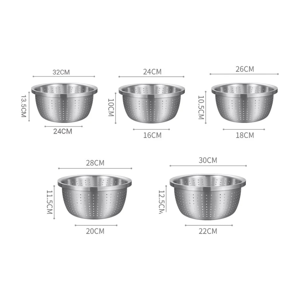 Stainless Steel Nesting Basin Colander Set of 5 Perforated Kitchen Sink Washing Bowl Metal Basket Strainer - 2X