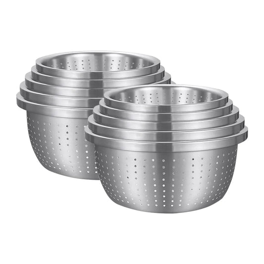 Stainless Steel Nesting Basin Colander Set of 5 Perforated Kitchen Sink Washing Bowl Metal Basket Strainer - 2X