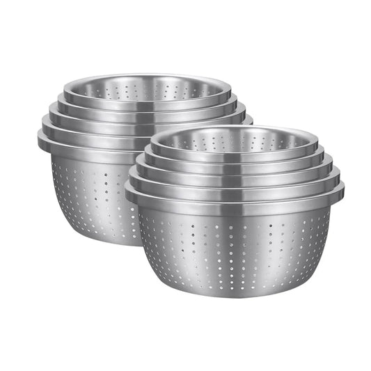 Stainless Steel Nesting Basin Colander Set of 5 Perforated Kitchen Sink Washing Bowl Metal Basket Strainer - 2X