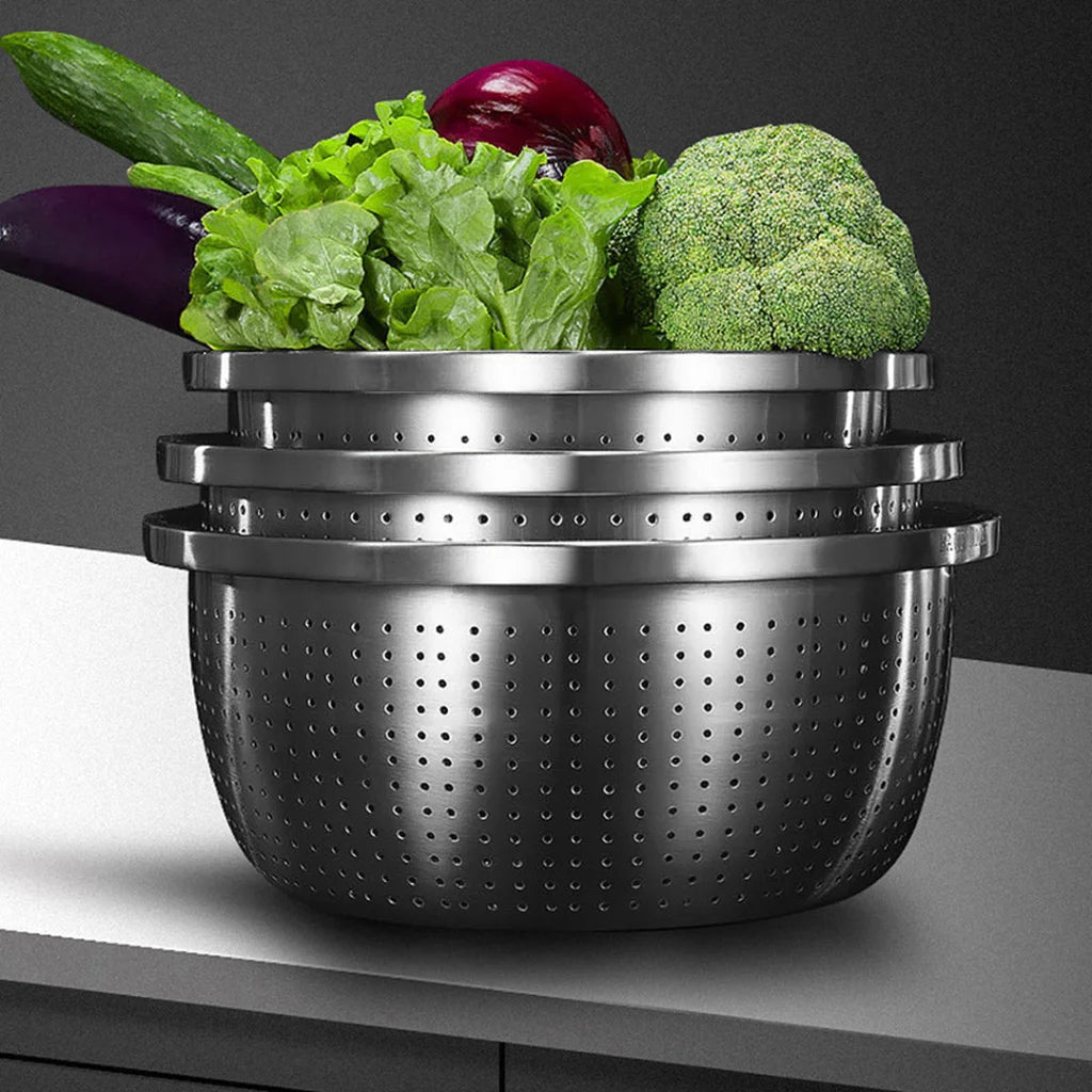 Stainless Steel Nesting Basin Colander Set of 5 Perforated Kitchen Sink Washing Bowl Metal Basket Strainer - 2X