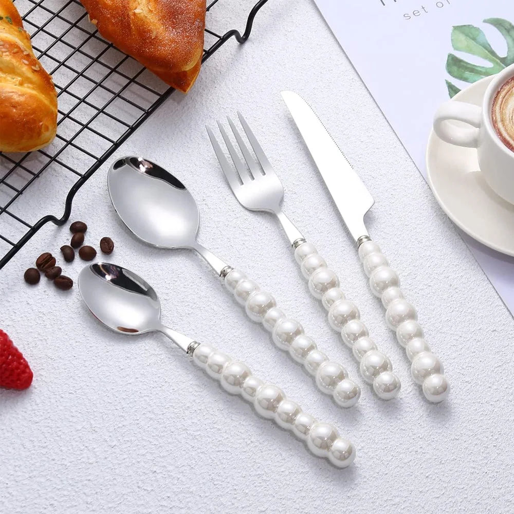 Stainless Steel Pearl Handle Flatware Cutlery Set 4 Piece