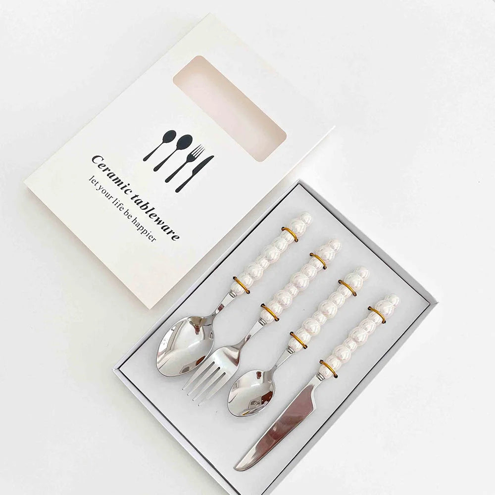 Stainless Steel Pearl Handle Flatware Cutlery Set 4 Piece
