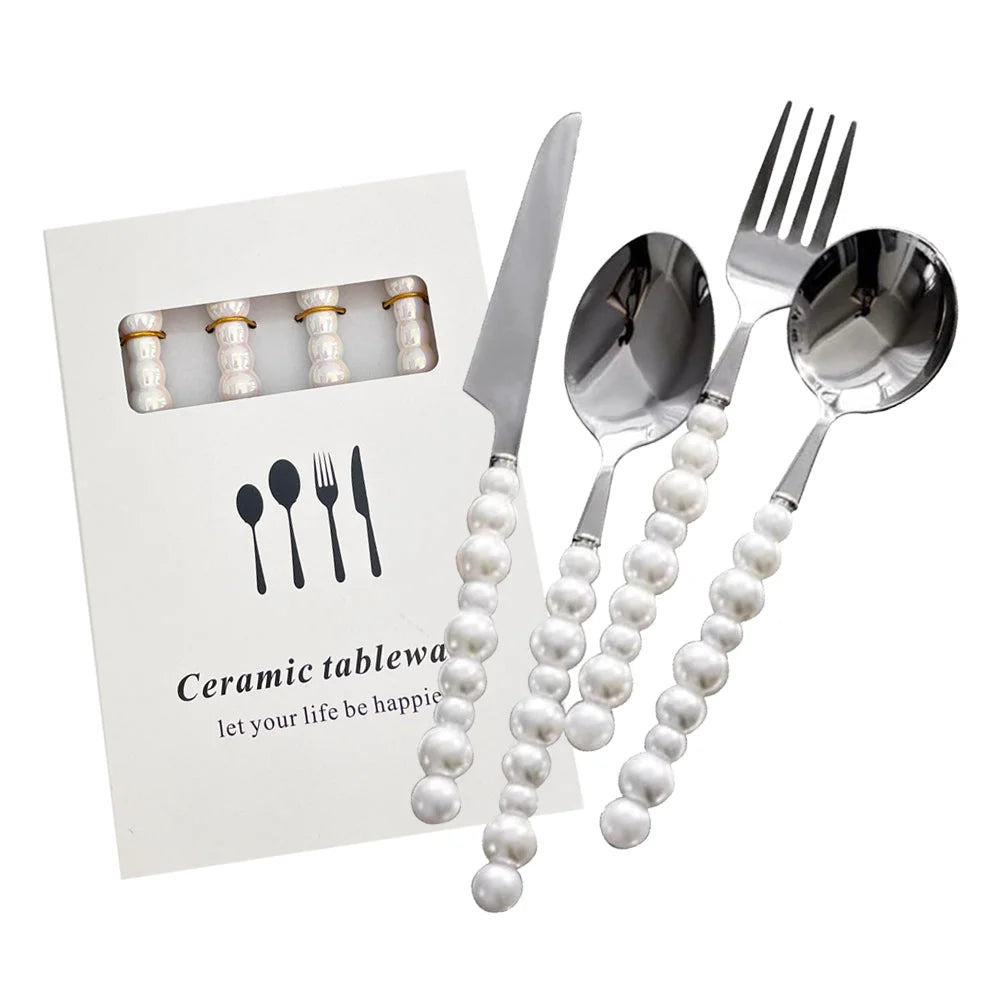 Stainless Steel Pearl Handle Flatware Cutlery Set 4 Piece