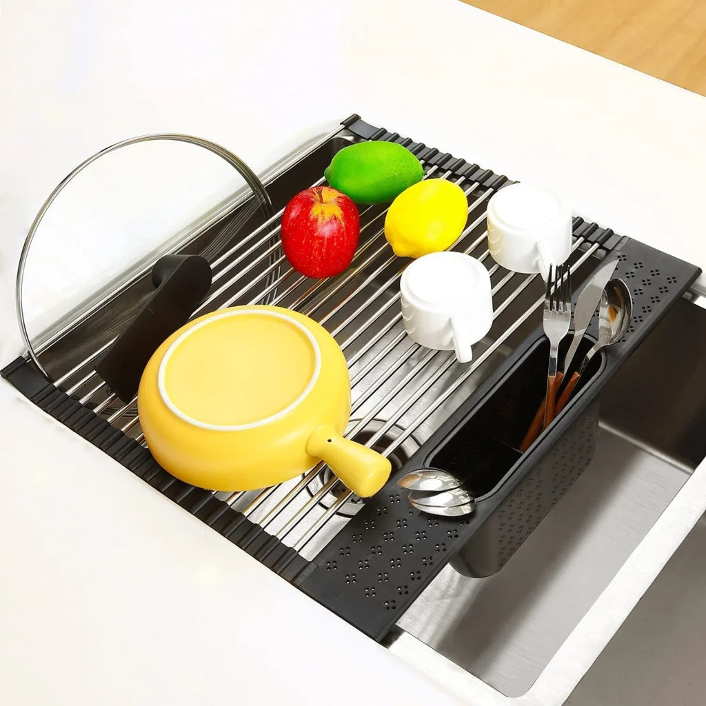 Stainless Steel Roll Up Dish Drying Rack with Utensil