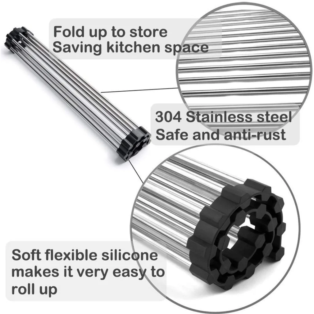 Stainless Steel Roll Up Dish Drying Rack with Utensil