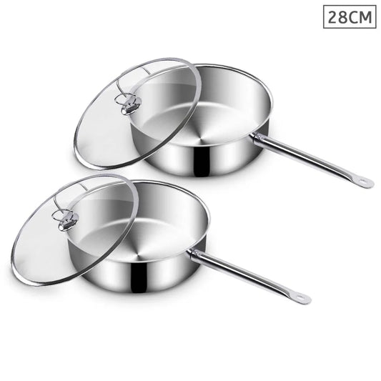 Stainless Steel Saucepan Set Premium 2X 28cm Sauce Pan with Glass Lid & Triple Ply Base