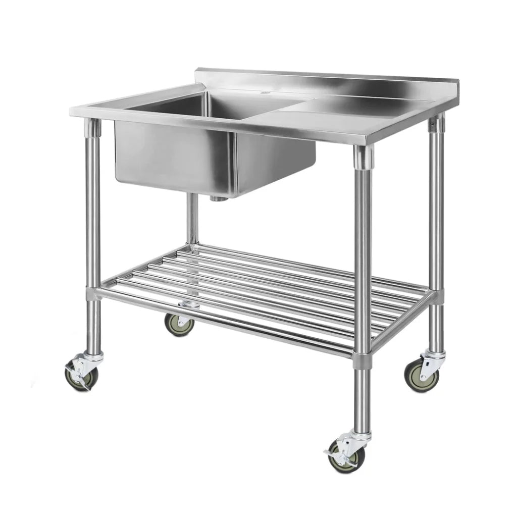Steel kitchen sink with caster wheels and side handle rail