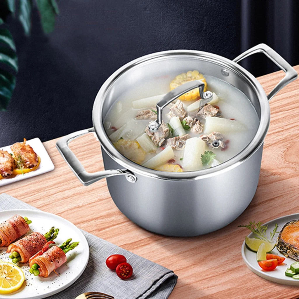 Stainless Steel Soup Pot 2X 22cm Stock Cooking Stockpot Heavy Duty Thick Bottom with Glass Lid