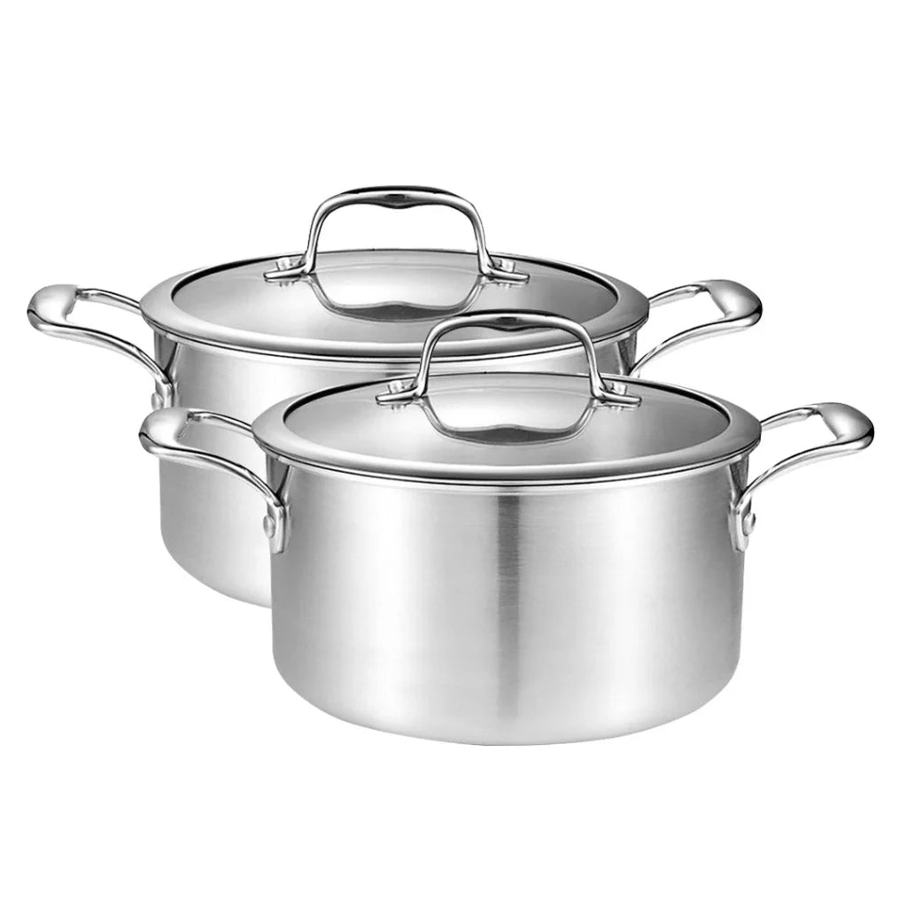 Stainless Steel Soup Pot 2X 22cm Stock Cooking Stockpot Heavy Duty Thick Bottom with Glass Lid