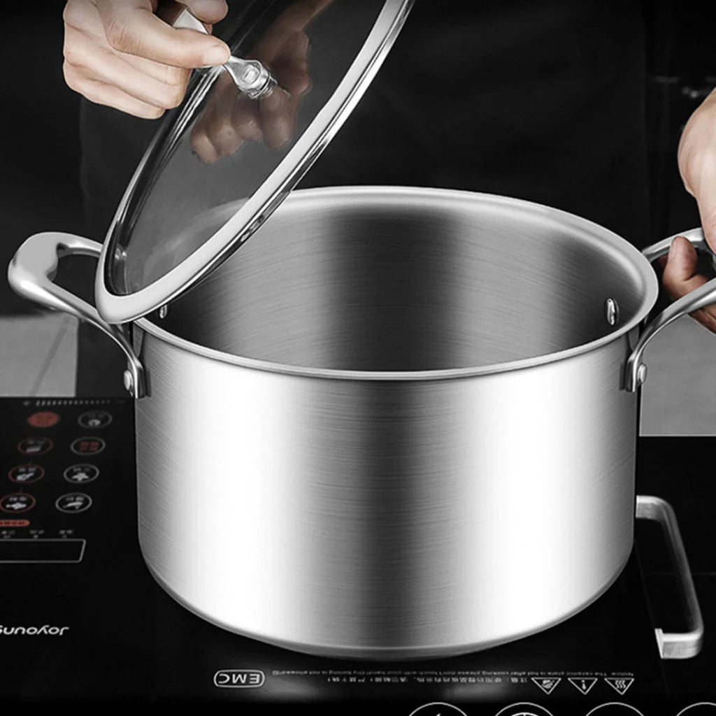 Stainless Steel Soup Pot 2X 24cm Stock Cooking Stockpot Heavy Duty Thick Bottom with Glass Lid
