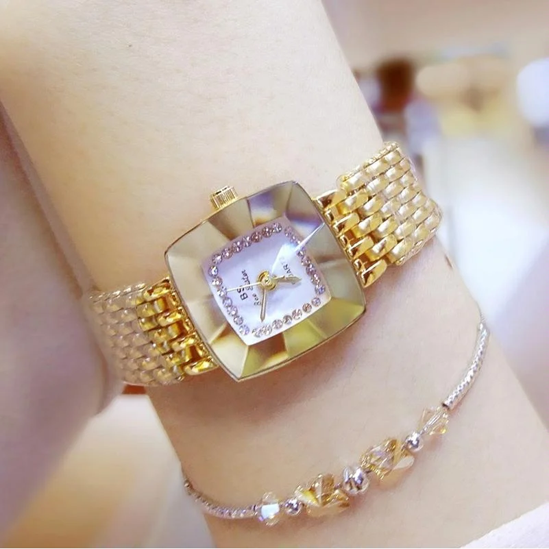 Stainless Steel Square Dial Women Watch with Simple Strap
