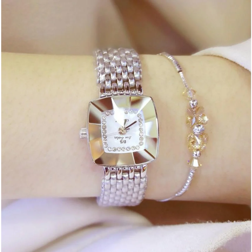 Stainless Steel Square Dial Women Watch with Simple Strap