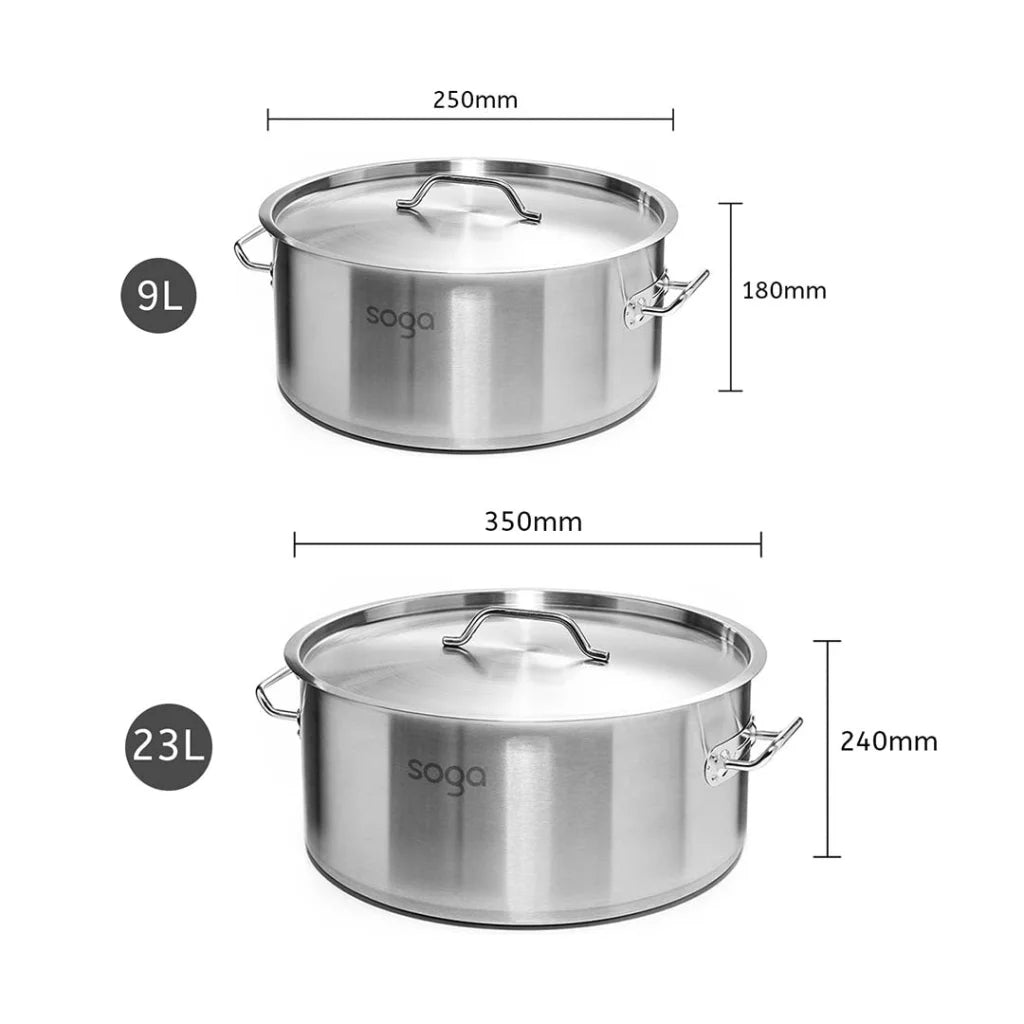 Stainless Steel Stock Pot 9L & 23L Top Grade Thick 18/10 - Premium