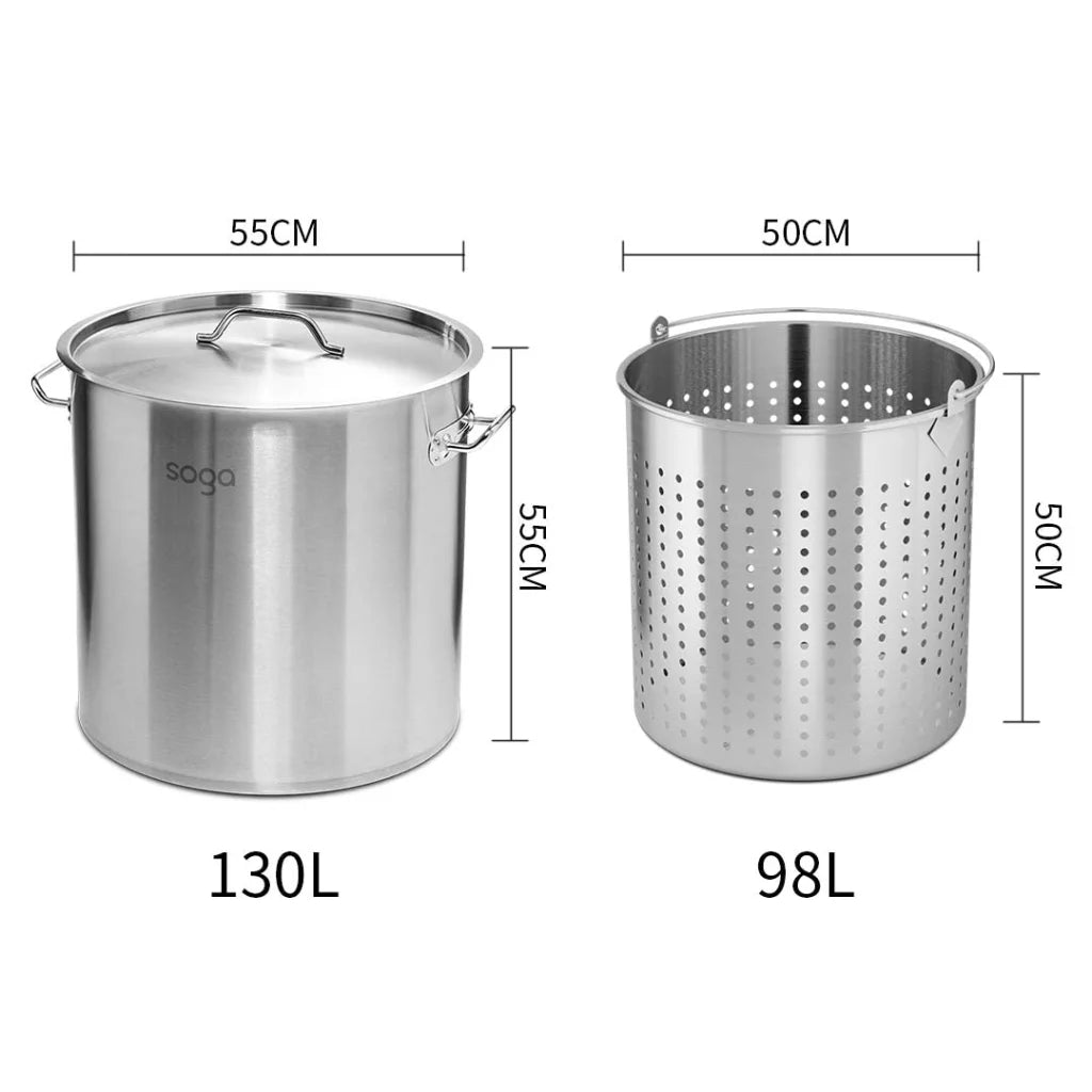 Stainless Steel Stockpot Set Premium 130L 18/10 with Perforated Basket Pasta Strainer