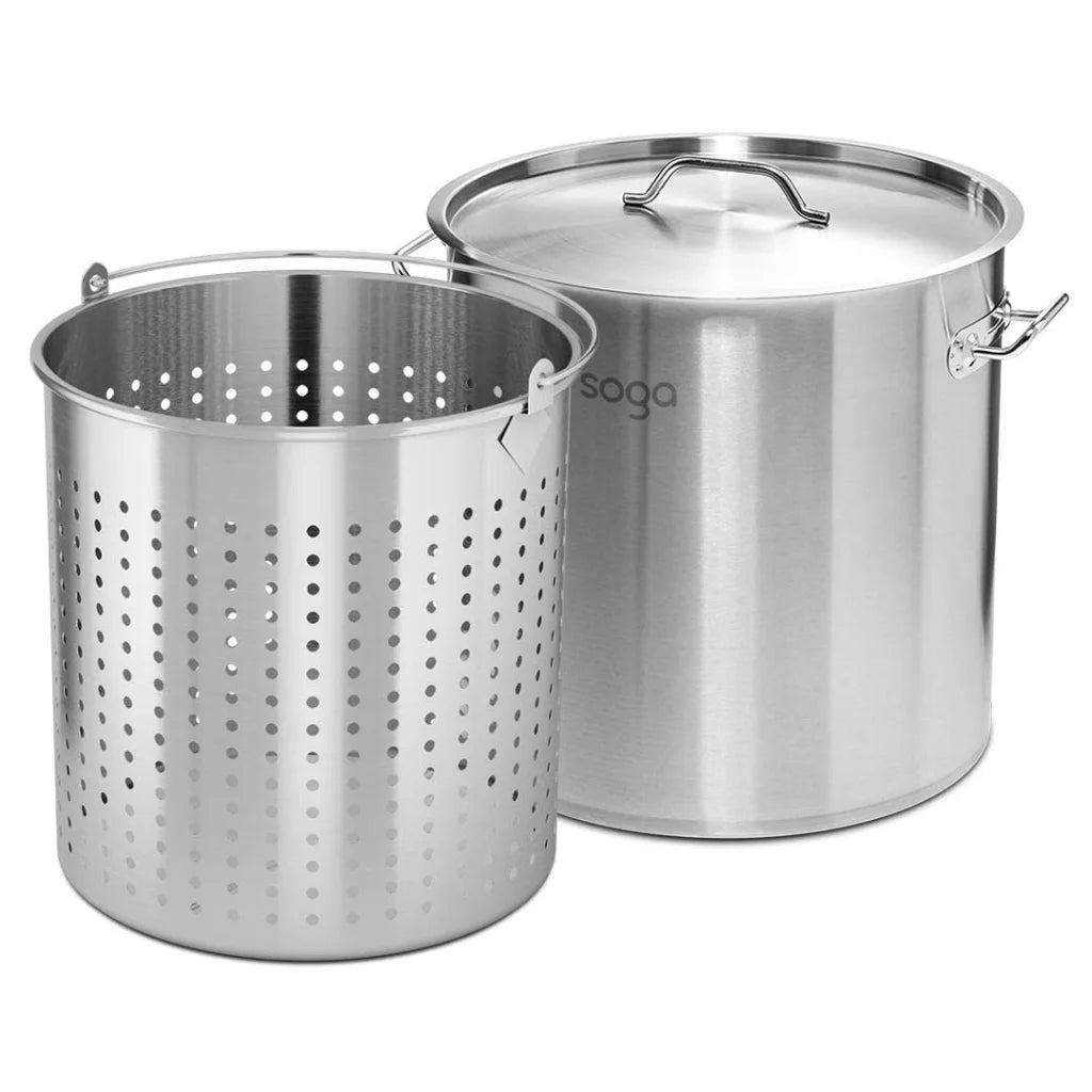 Stainless Steel Stockpot Set Premium 130L 18/10 with Perforated Basket Pasta Strainer