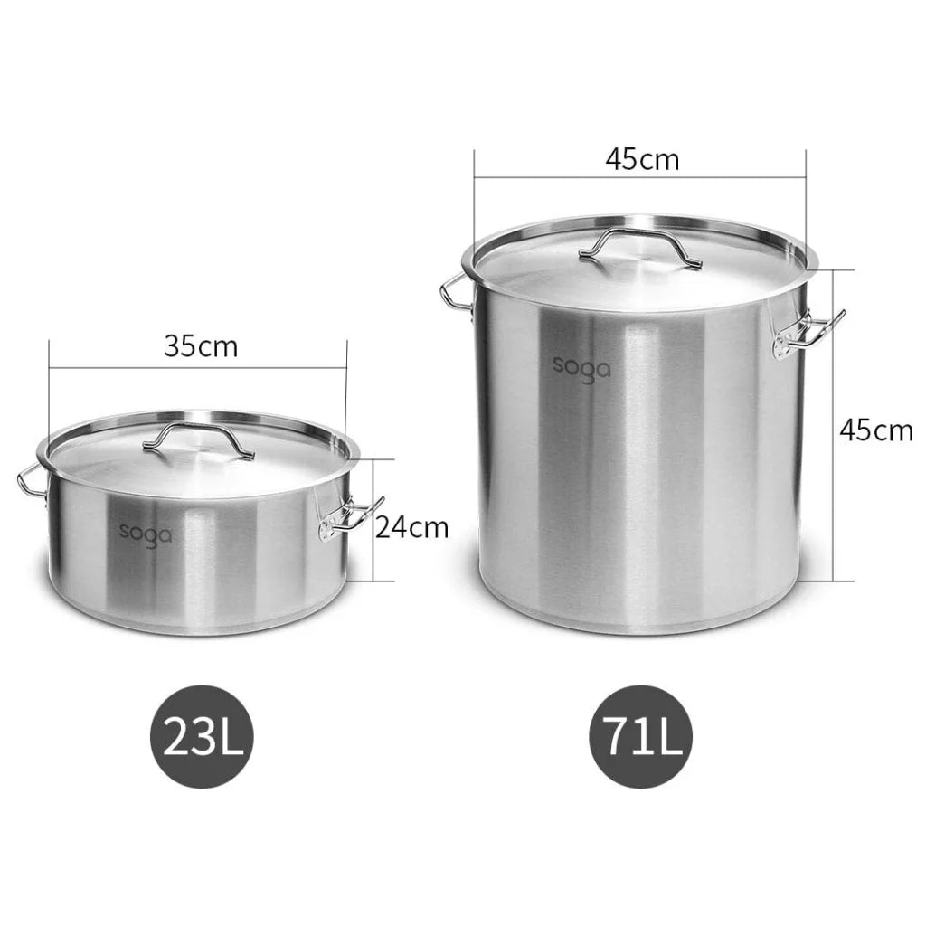 Stainless Steel Stockpot Set Premium 23L Wide & 71L Tall 18/10 Thick Grade
