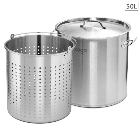 Stainless Steel Stockpot Set Premium 50L 18/10 with Perforated Basket Pasta Strainer