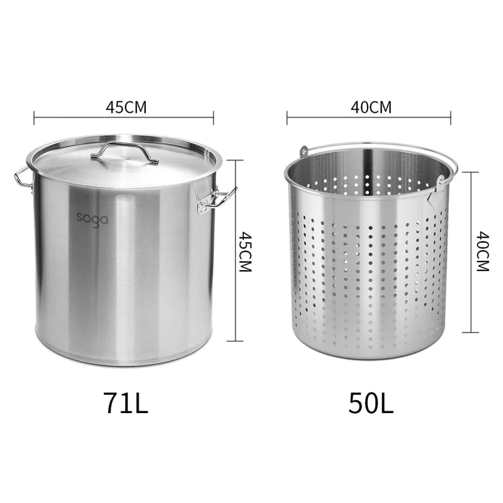 Stainless Steel Stockpot Set Premium 71L 18/10 with Perforated Basket Pasta Strainer