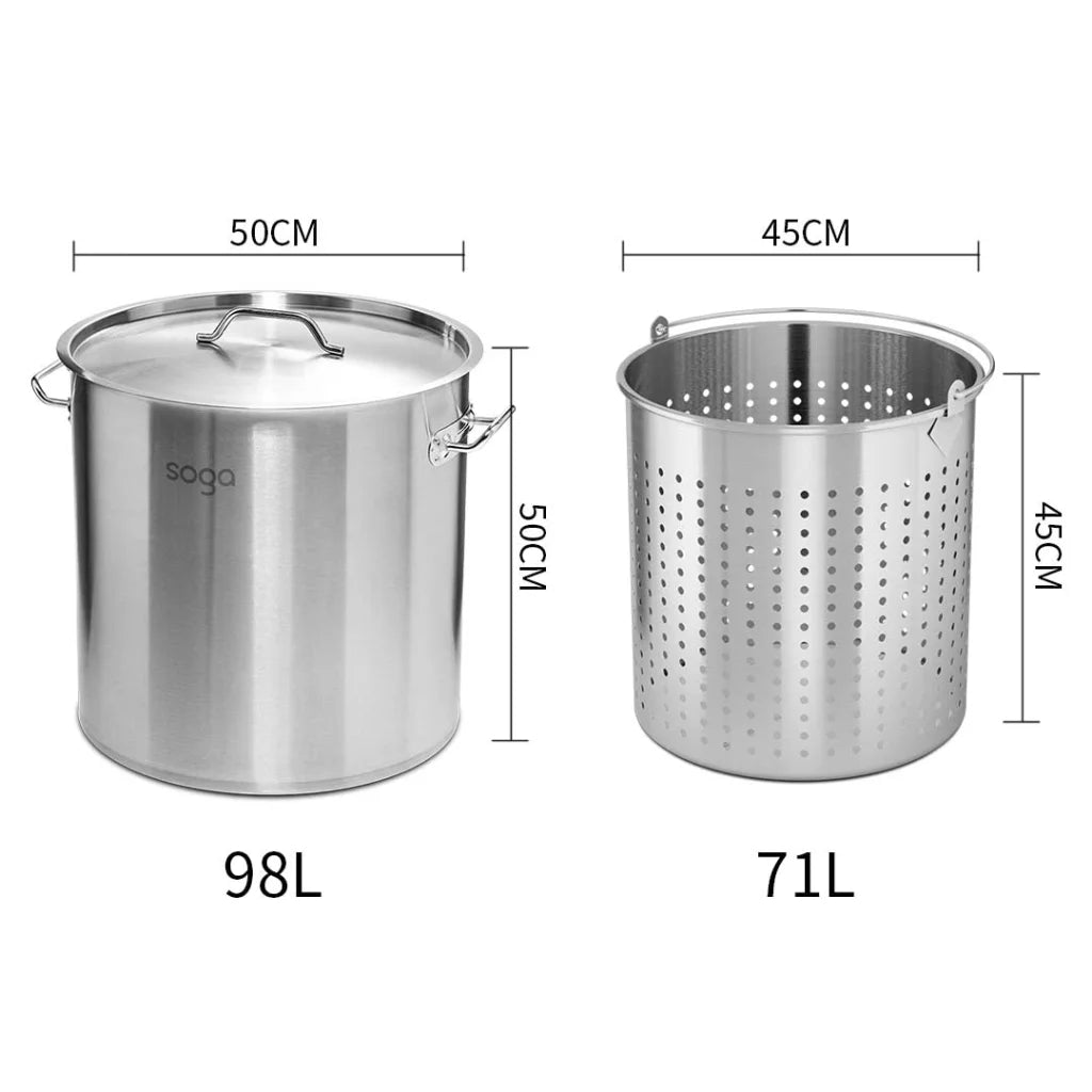 Stainless Steel Stockpot Set Premium 98L 18/10 with Perforated Basket Pasta Strainer