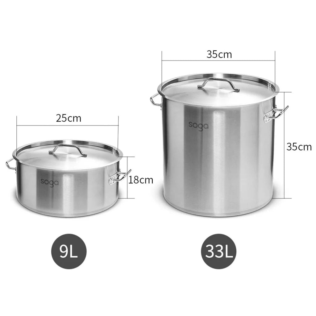 Stainless Steel Stockpot Set Premium 9L Wide & 33L Tall 18/10 Thick Grade