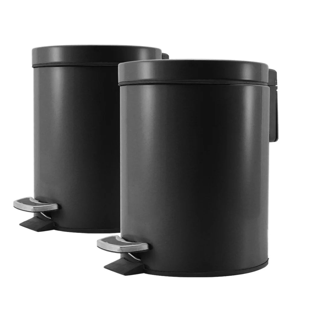 Stainless Steel Trash Bin Set of 2 Premium Foot Pedal Rubbish Recycling Garbage Waste Round 12L - Black