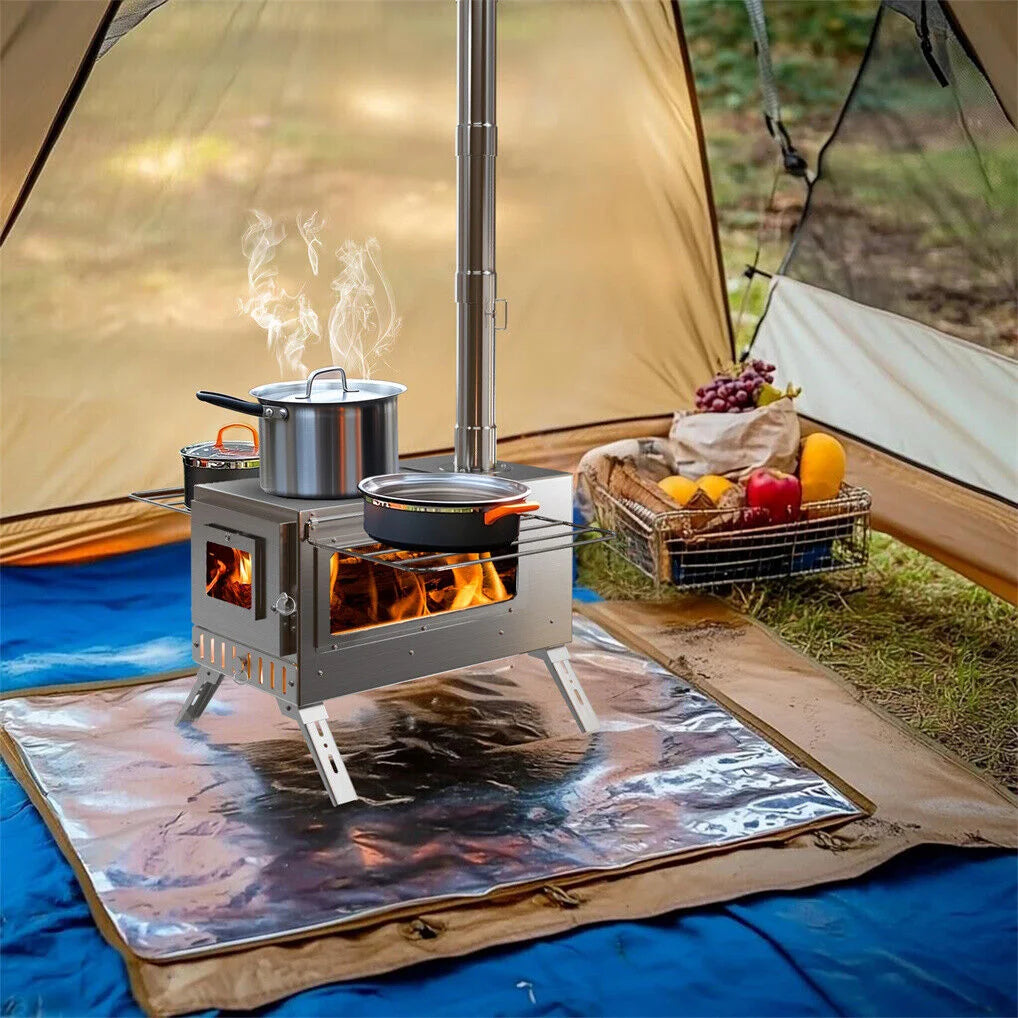 Stainless Steel Wood Burner Stove for Camping w/ Chimney &