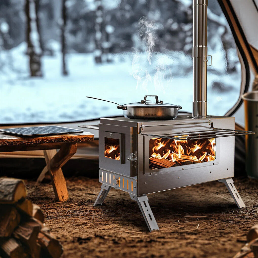 Stainless Steel Wood Burner Stove for Camping w/ Chimney &