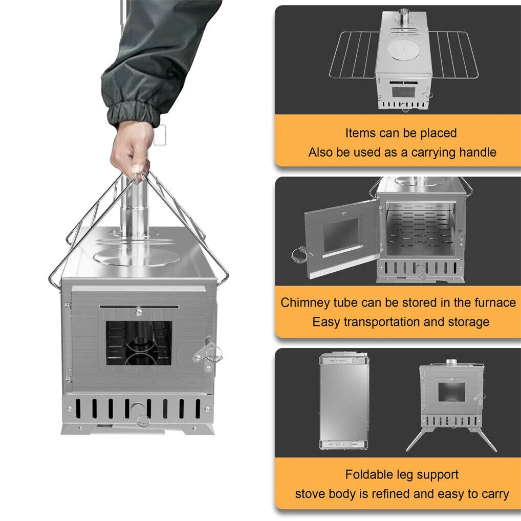 Stainless Steel Wood Burner Stove for Camping w/ Chimney &