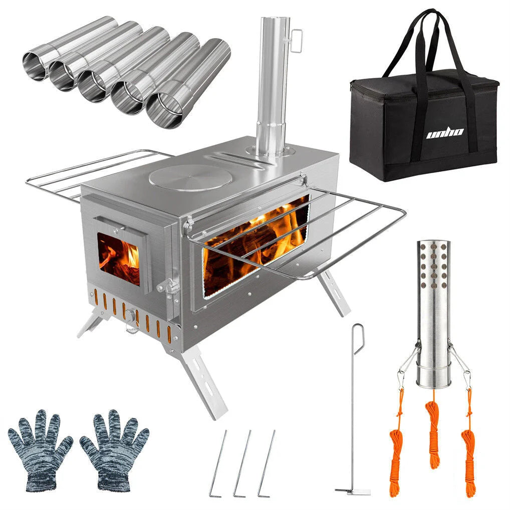 Stainless Steel Wood Burner Stove for Camping w/ Chimney &