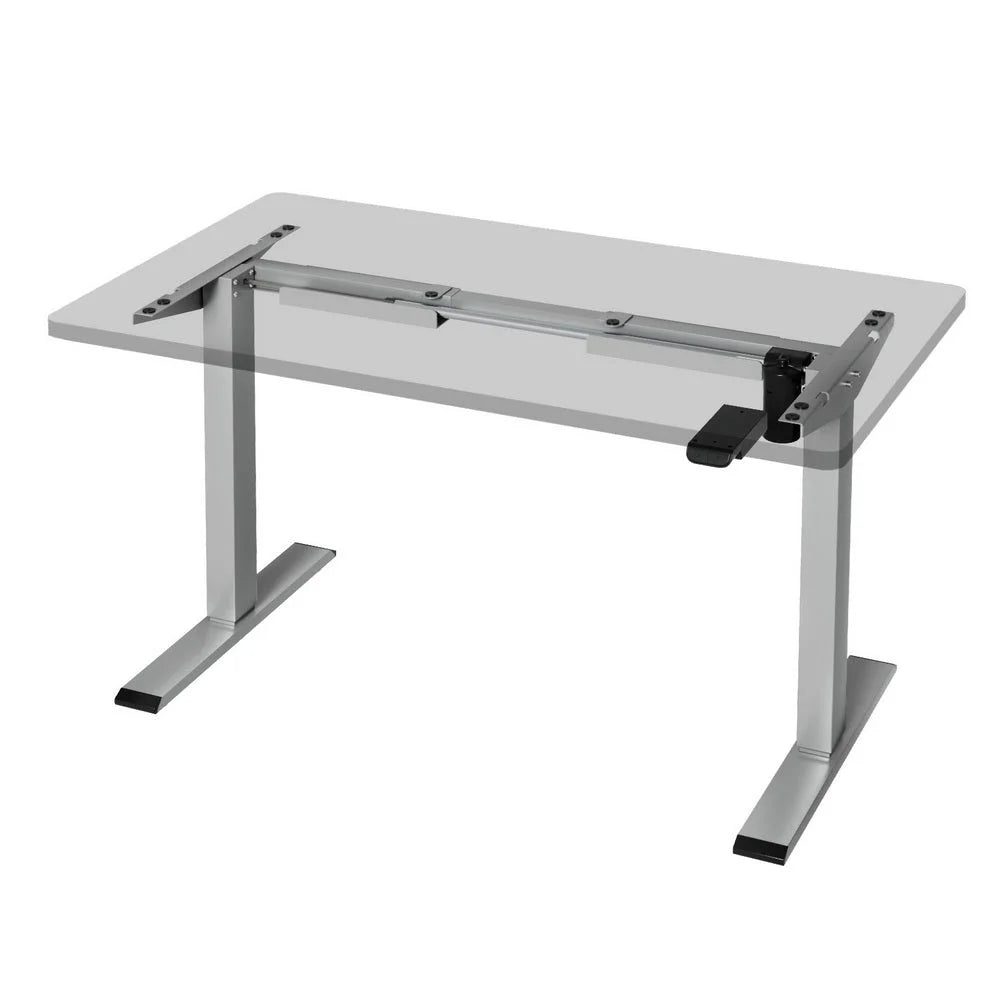 Grey standing desk with tabletop and metal support frame