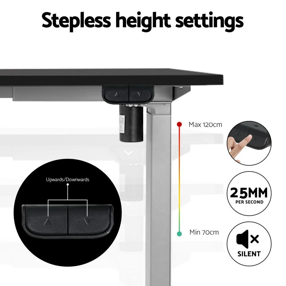 Grey standing desk with work surface and storage section