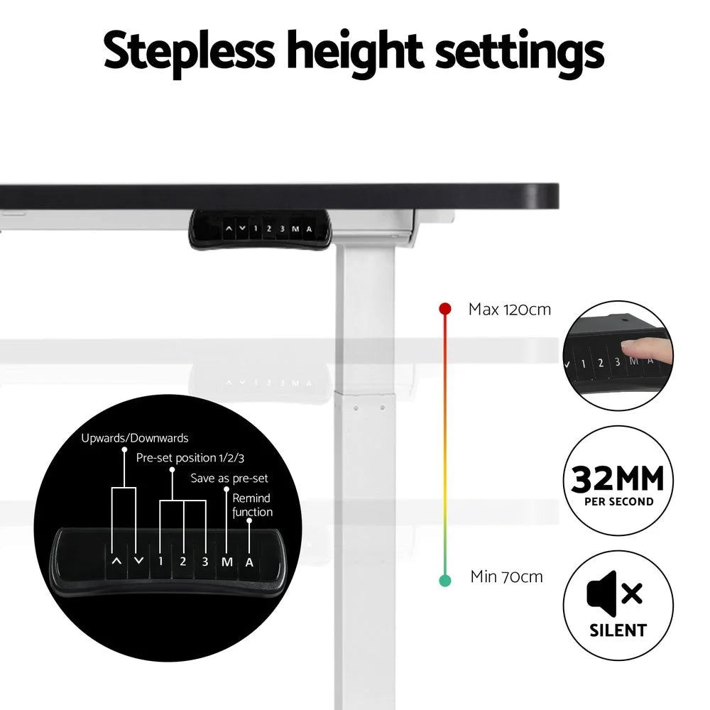 Black 140cm standing desk with workstation surface and side shelves